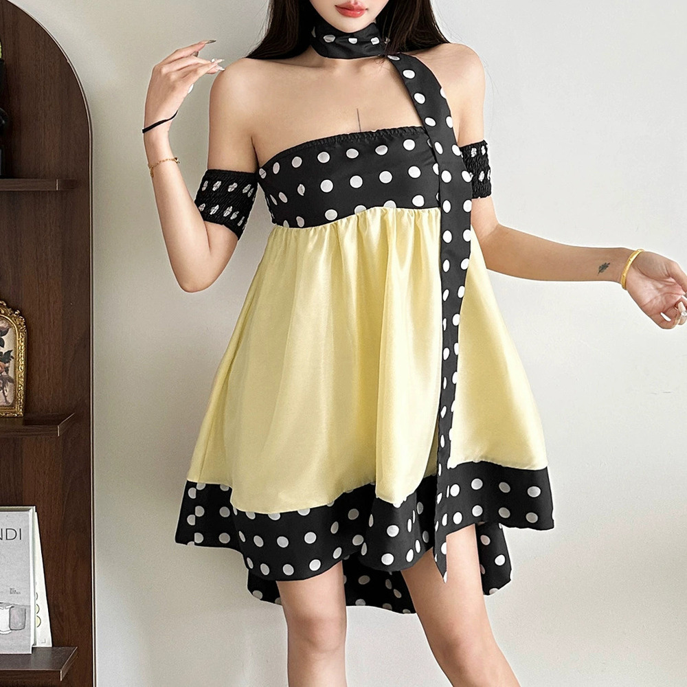 Zara Vintage Contrast Color Polka Dot Off Shoulder Asymmetric Loose Dress